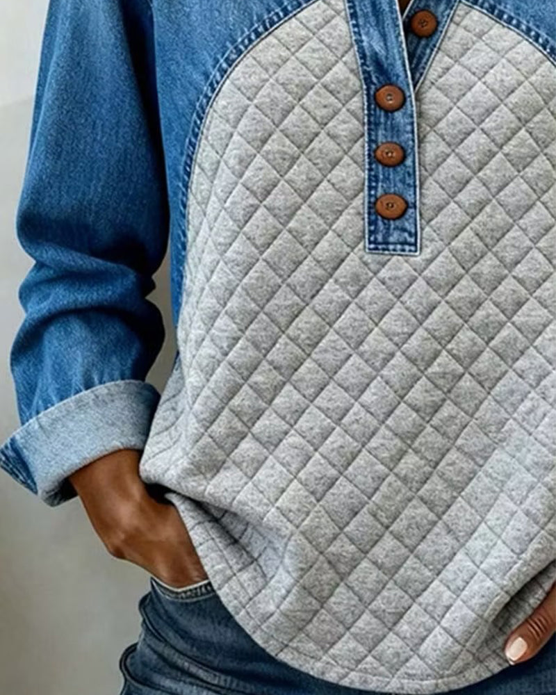 Sweatshirt Denim Patchwork Élégant