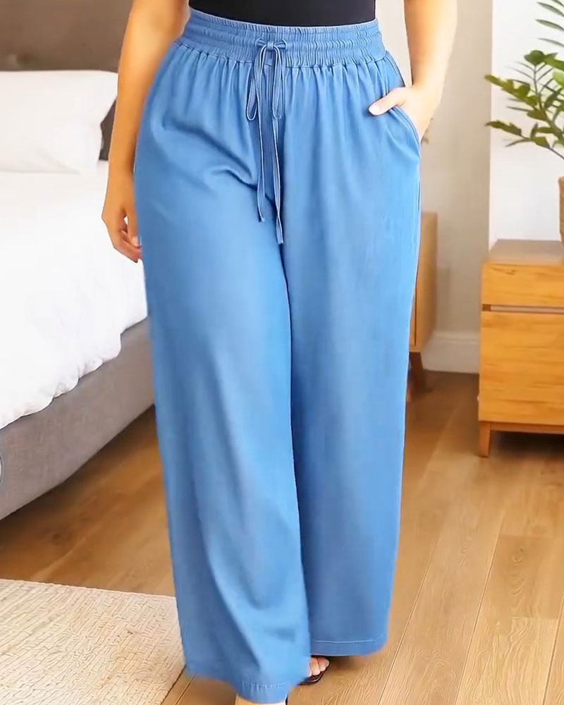 Pantalon Taille Élastique Cordon De Serrage Unie Large Jambe Long