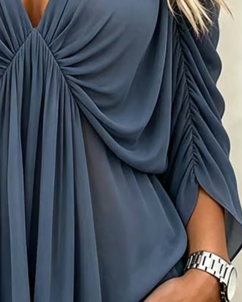 Blouse Col V Froncée Décontractée