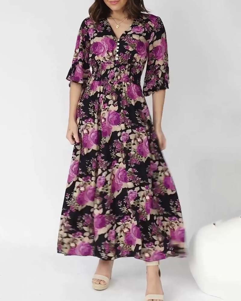 Robe longue à col en V à imprimé floral