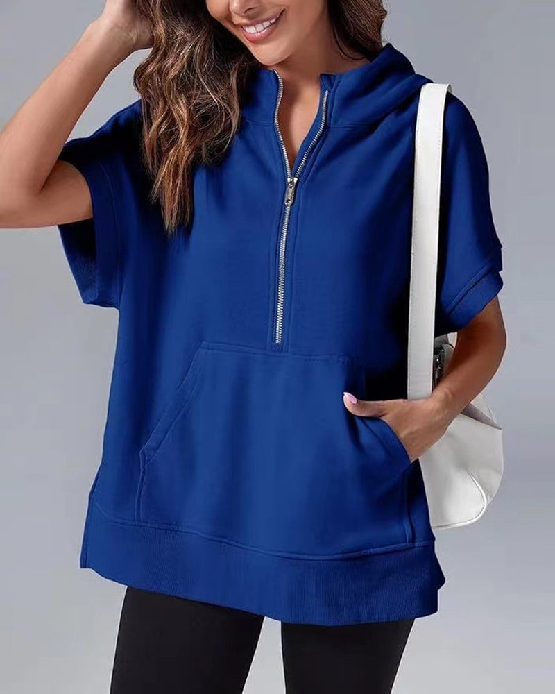 Sweat-Shirt Manches Courtes Fermeture Éclair Partielle Capuche