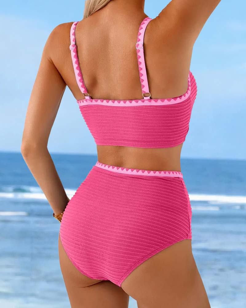 Bikini Contraste Côtelé Taille Haute