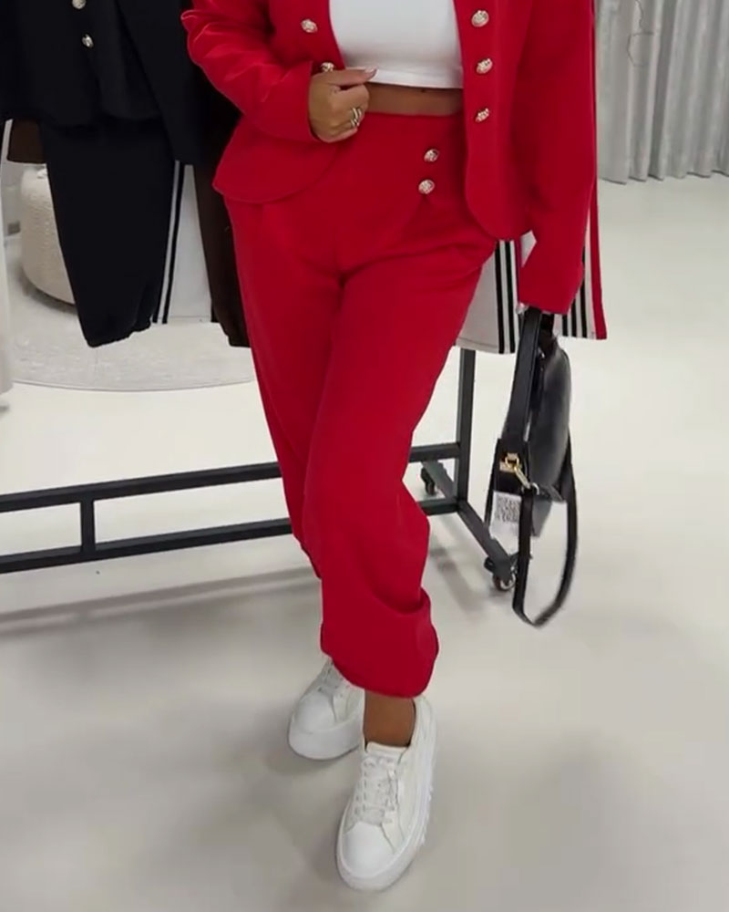 Pantalon Unie Taille Haute Décontracté Bouton