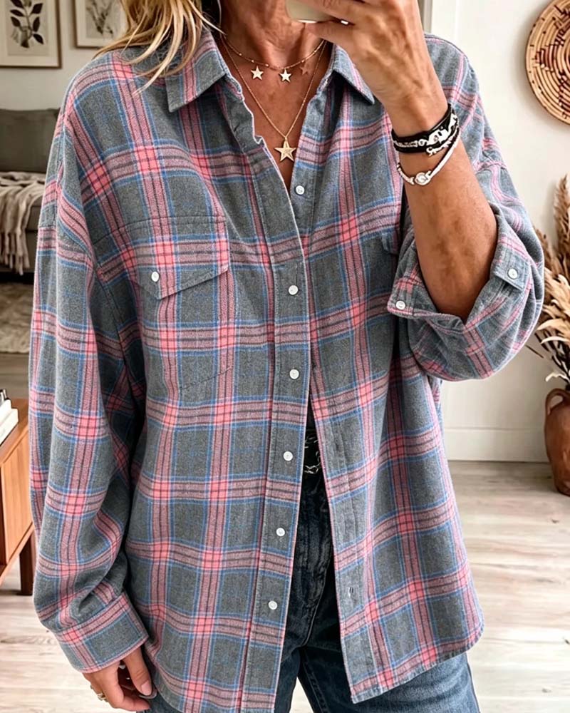 Chemise Poche À Carreaux Manches Longues Lâche