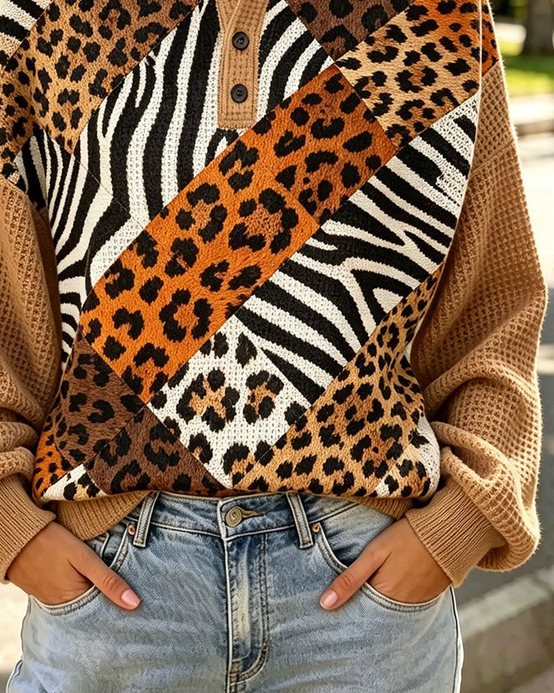 Sweatshirt Léopard Imprimé Patchwork Col Rond