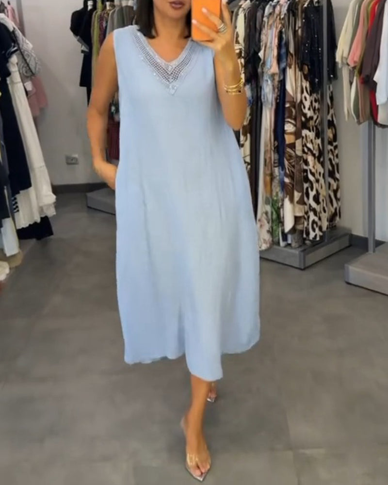 Robe Col En V Sans Manches Midi