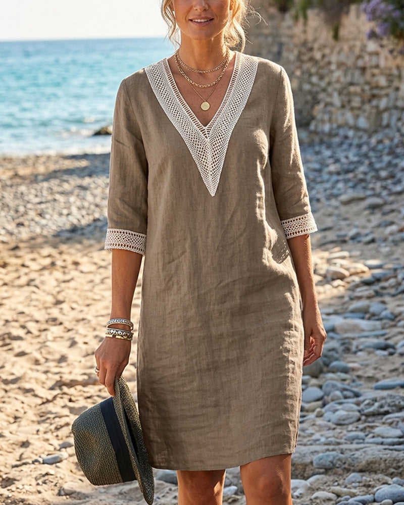 Robe Manche Trois Quarts Col V Dentelle Patchwork