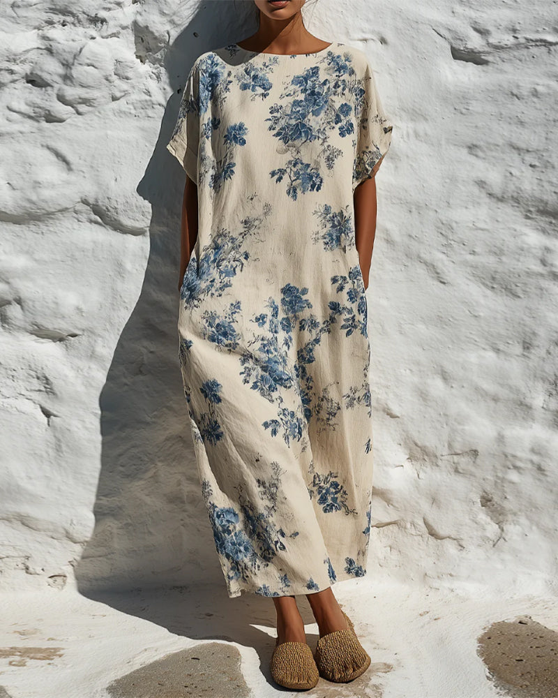 Robe Col Rond Vintage Bleu Floral