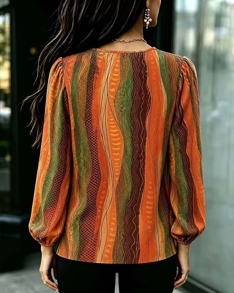 Haut Col En V Manche Bouffante Bloc De Couleur Manches Longues