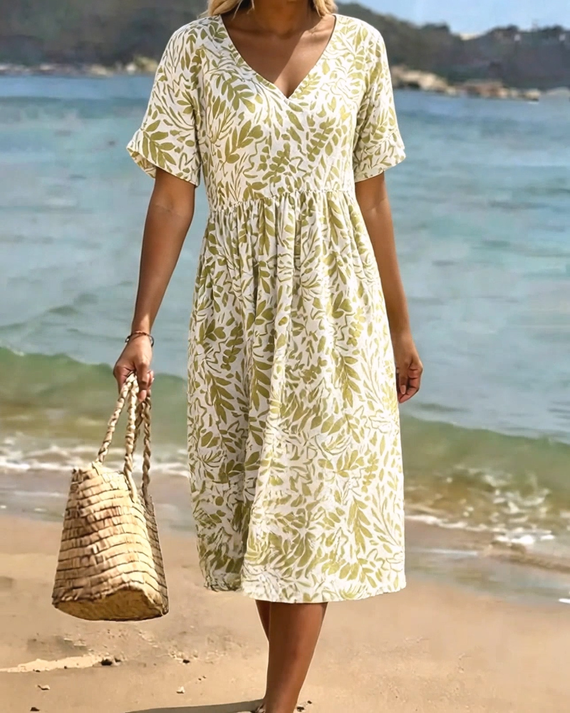 Robe Vert Feuille Imprimé Col V
