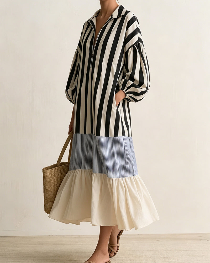 Robe Col Fermeture Éclair Rayé Bloc de Couleur Superposé