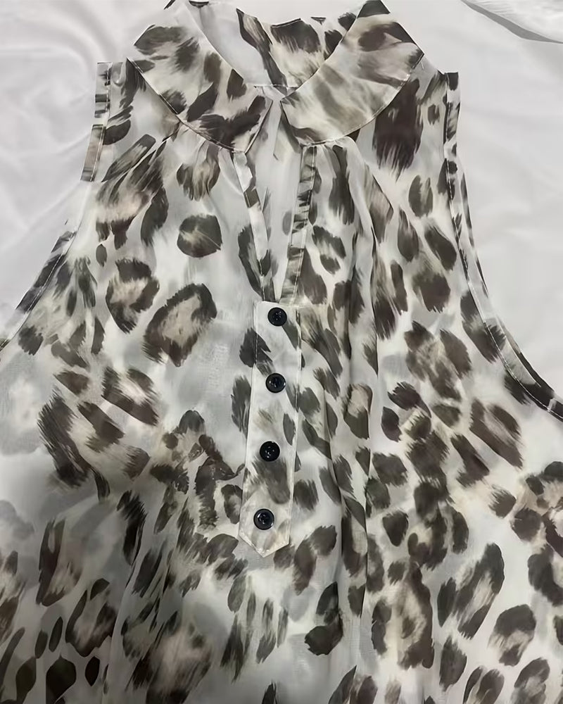 Robe Léopard Imprimé Col Mandarine Volant