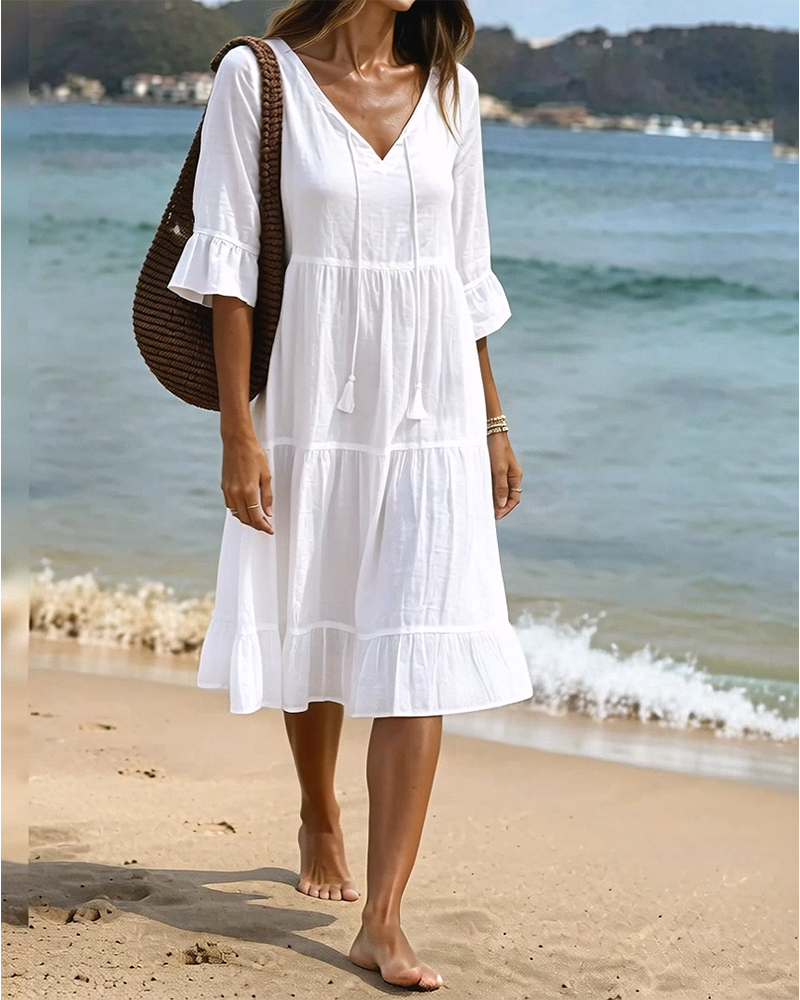 Robe Évasée Demi-Manche Nœud À La Taille