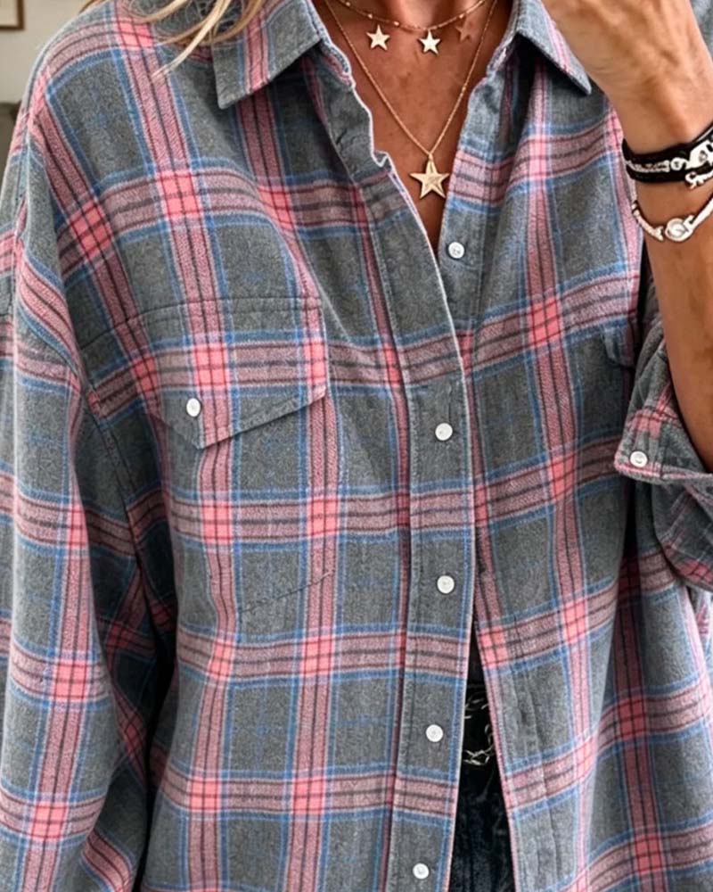 Chemise Poche À Carreaux Manches Longues Lâche