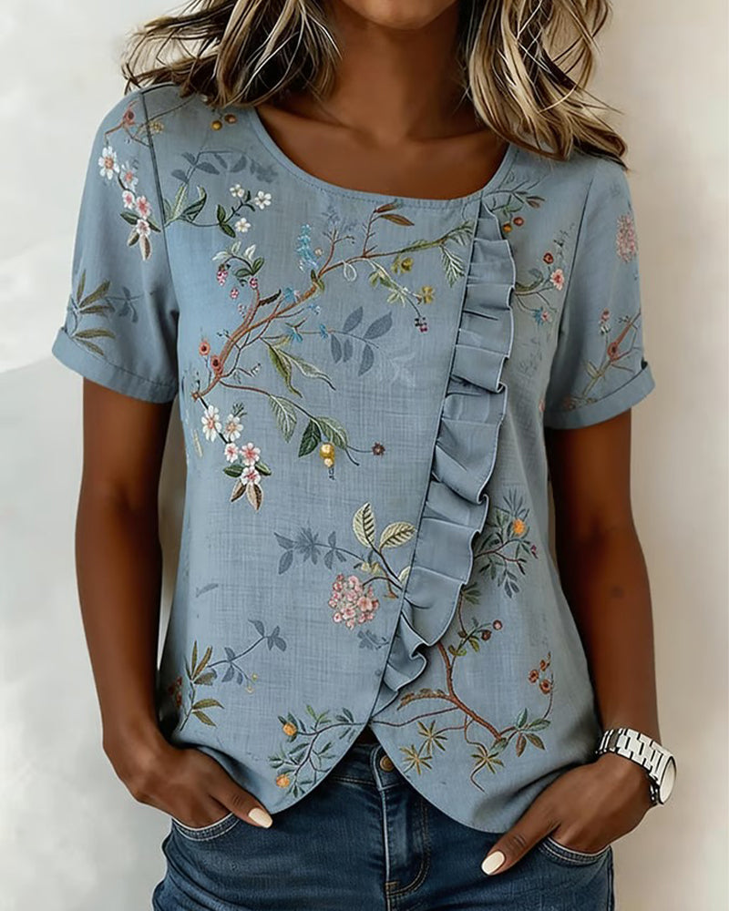 Blouse Col Rond Manches Courtes Volantée Florale