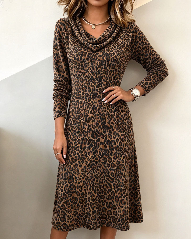 Robe Col Mock Décontracté Léopard Manches Longues