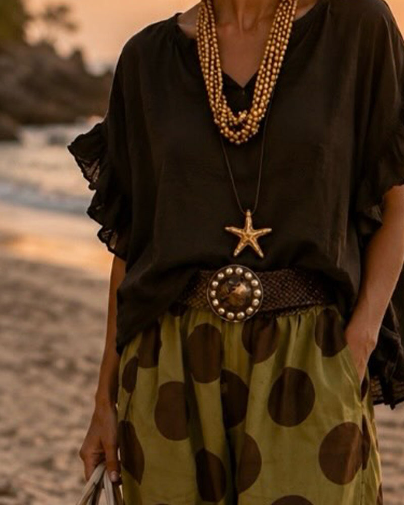 Set Col V Volant Haut & Pois Pantalon