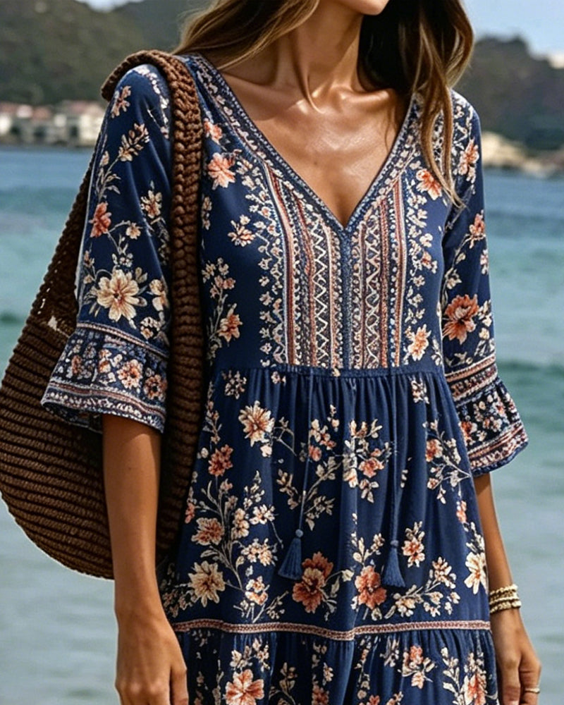 Robe Col V Ethnique Floral Patchwork