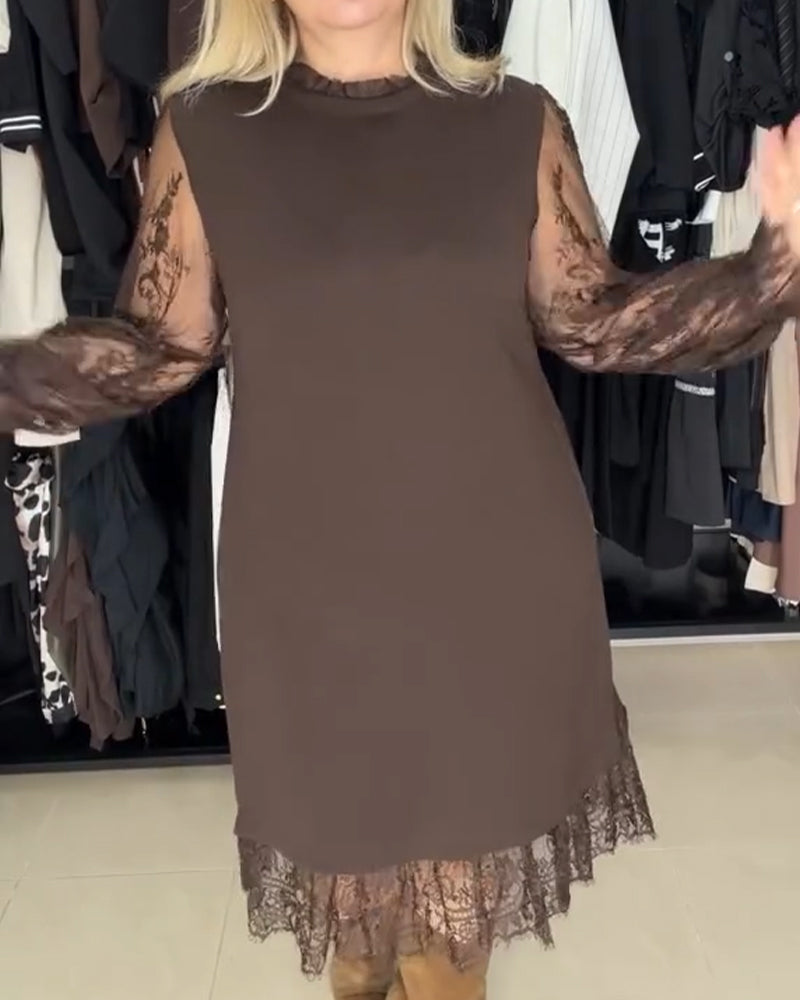 Robe Dentelle Patchwork Élégante Manches Longues