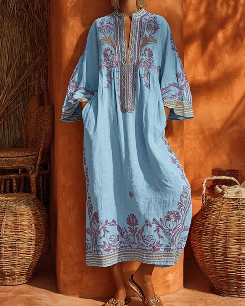 Robe Col En V Imprimé Ethnique Coupe Loose