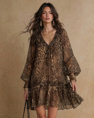 Robe Col V Imprimé Léopard Manche Bouffante Volant