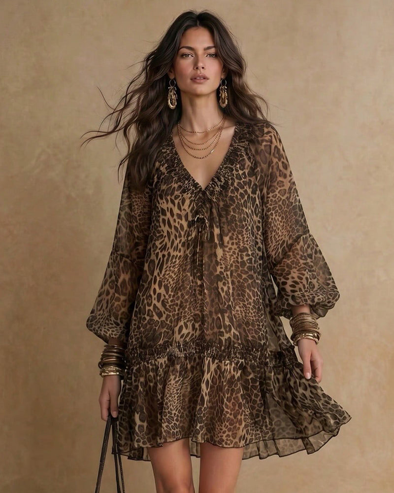 Robe Col V Imprimé Léopard Manche Bouffante Volant
