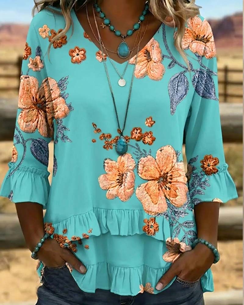 Blouse Col En V Vintage Fleuri Coupe Loose