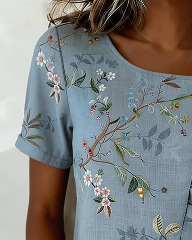 Blouse Col Rond Manches Courtes Volantée Florale