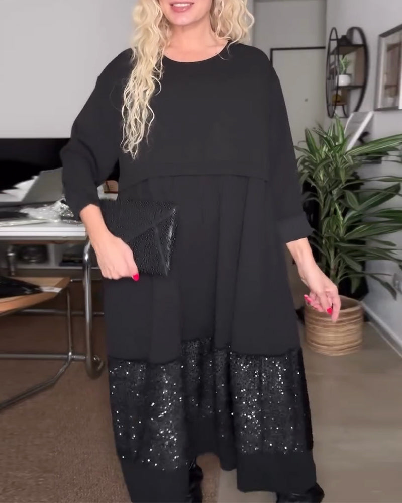 Robe Col Rond Paillette Patchwork Loose