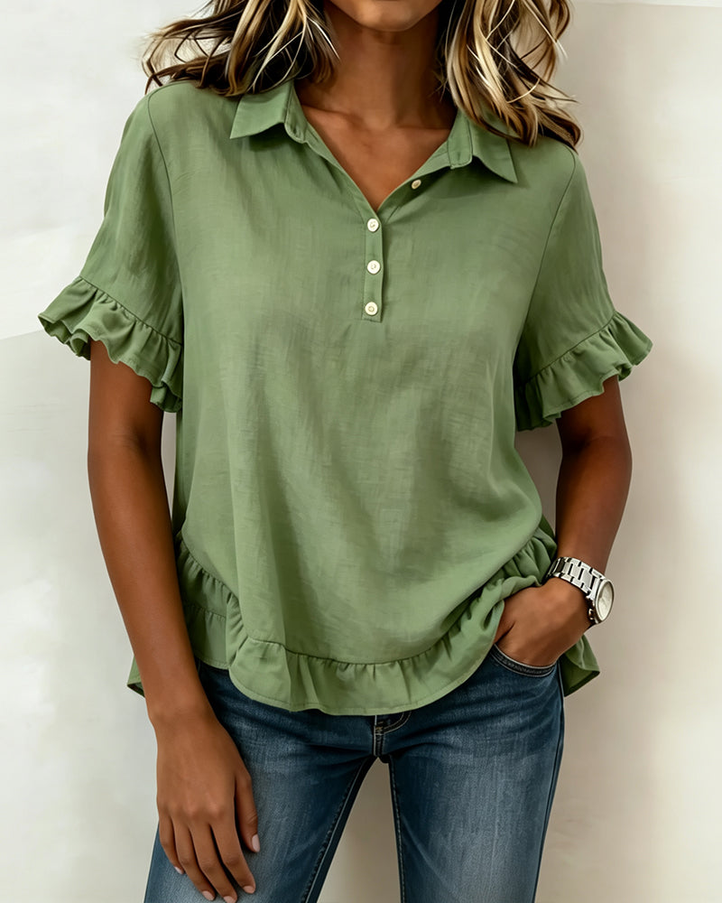 Blouse Col Demi-Patron Manche Volantée