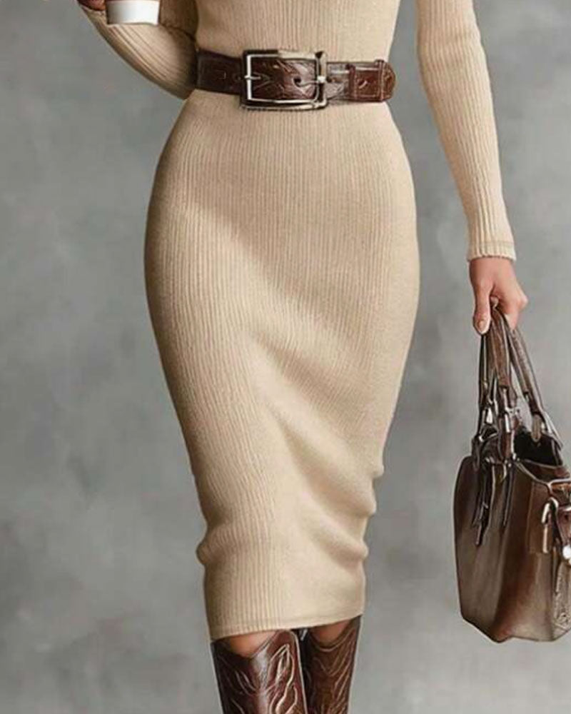 Robe Pull Col Roulé Semi-Ouvert Côtelé Bodycon