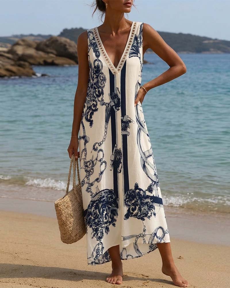 Robe Col-V Sans Manches Imprimée