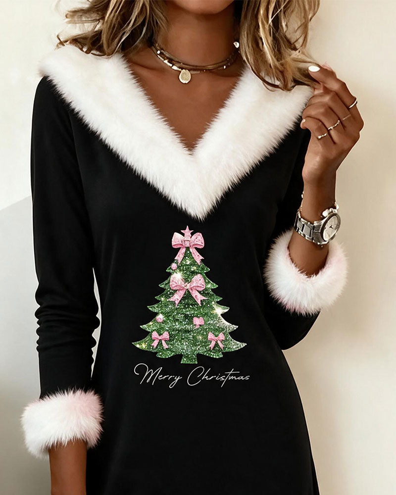 Robe Col En V Fausse Fourrure Coupe Ajustée Sapin De Noël