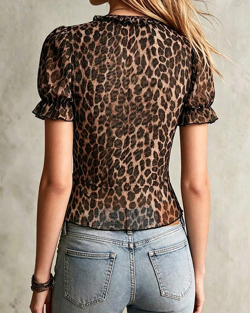 Blouse Col En V Léopard Imprimé Volant Manches Ballon