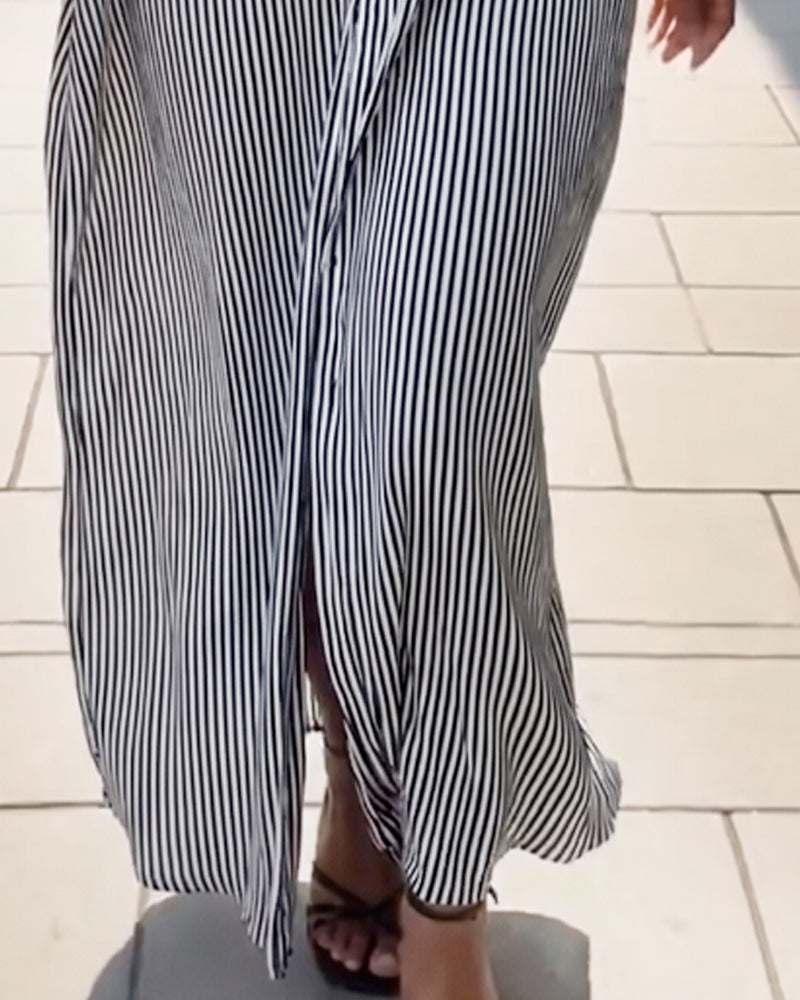 Robe Manches Longues Revers Lâche Rayée Chemise