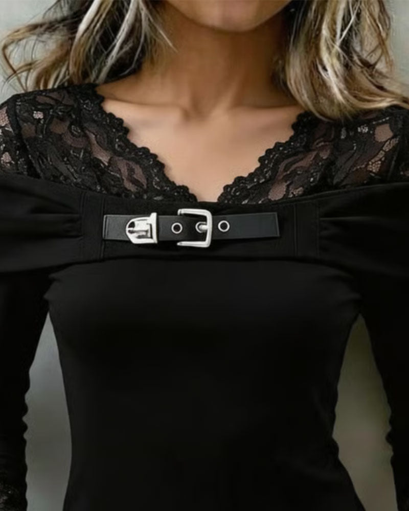 Blouse Col En V Dentelle Panneau Slim