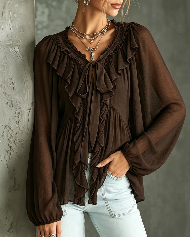 Blouse À Volants Col En V Cravate
