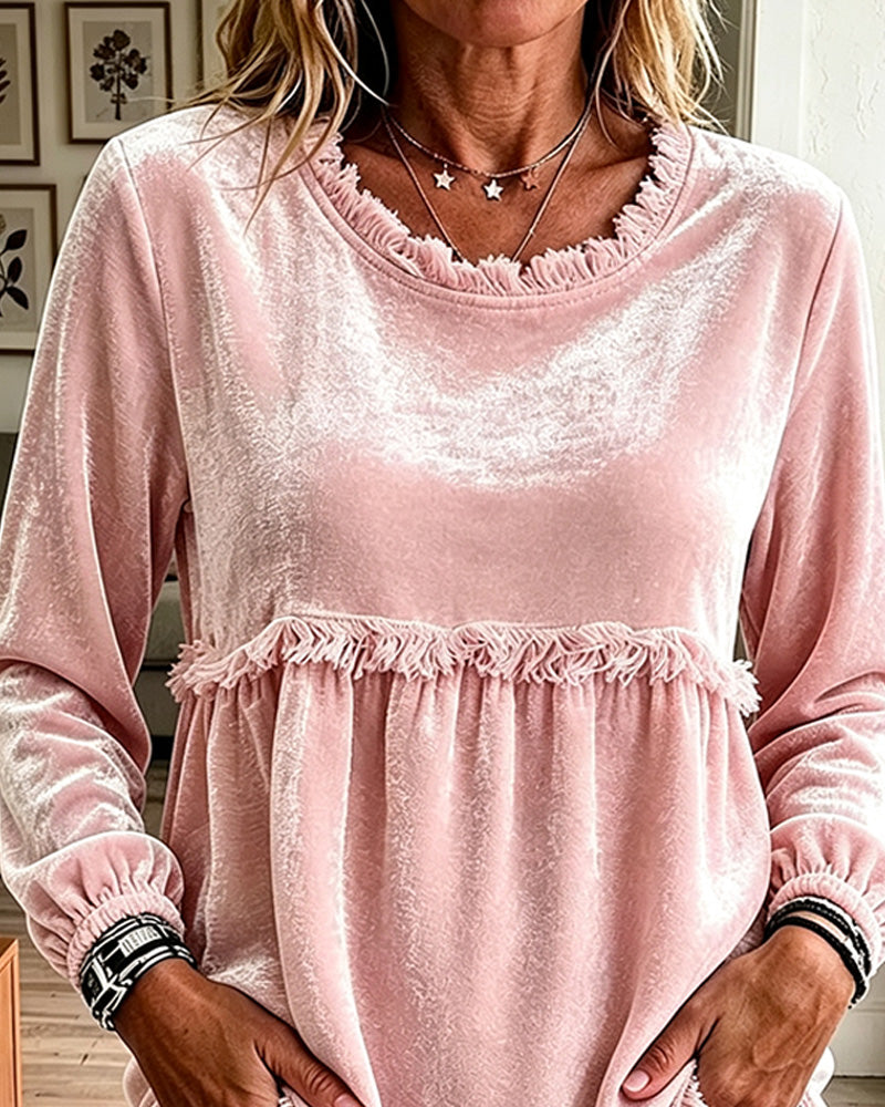 Blouse Frange Froncée Panneau Manches Longues