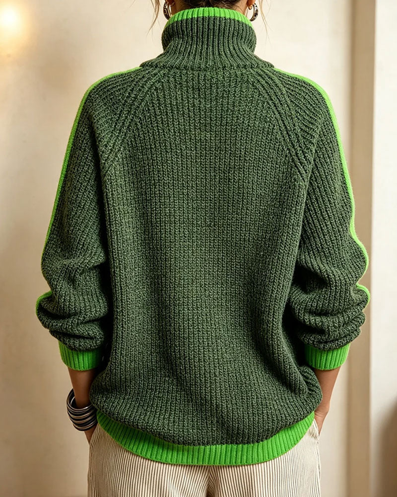 Pull Col Roulé Contraste Manches Raglan