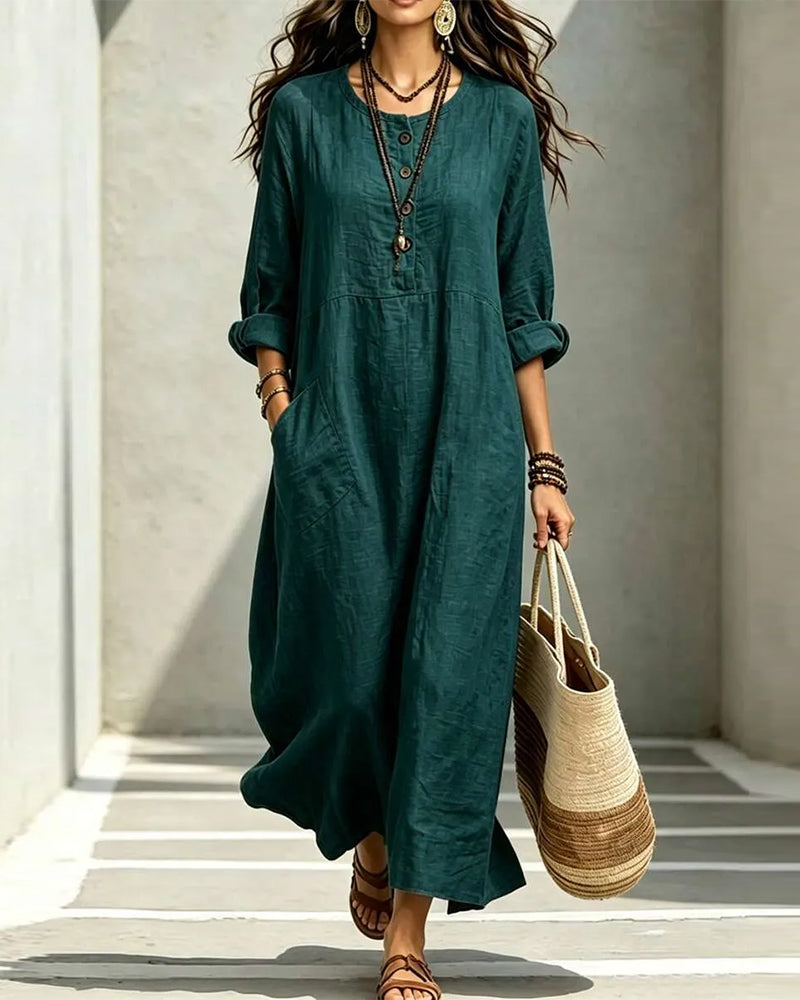 Robe Col Rond Bouton Poche Unie