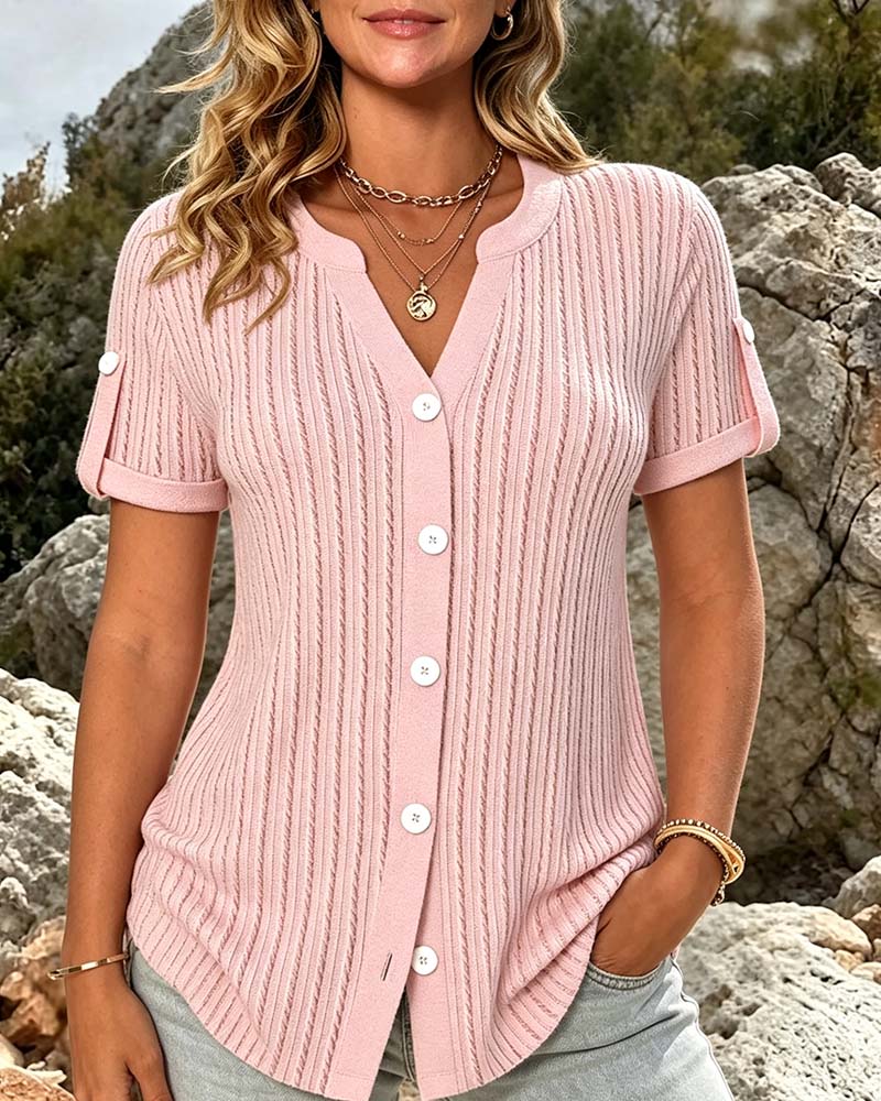 Blouse Mini Col V Bouton Unie