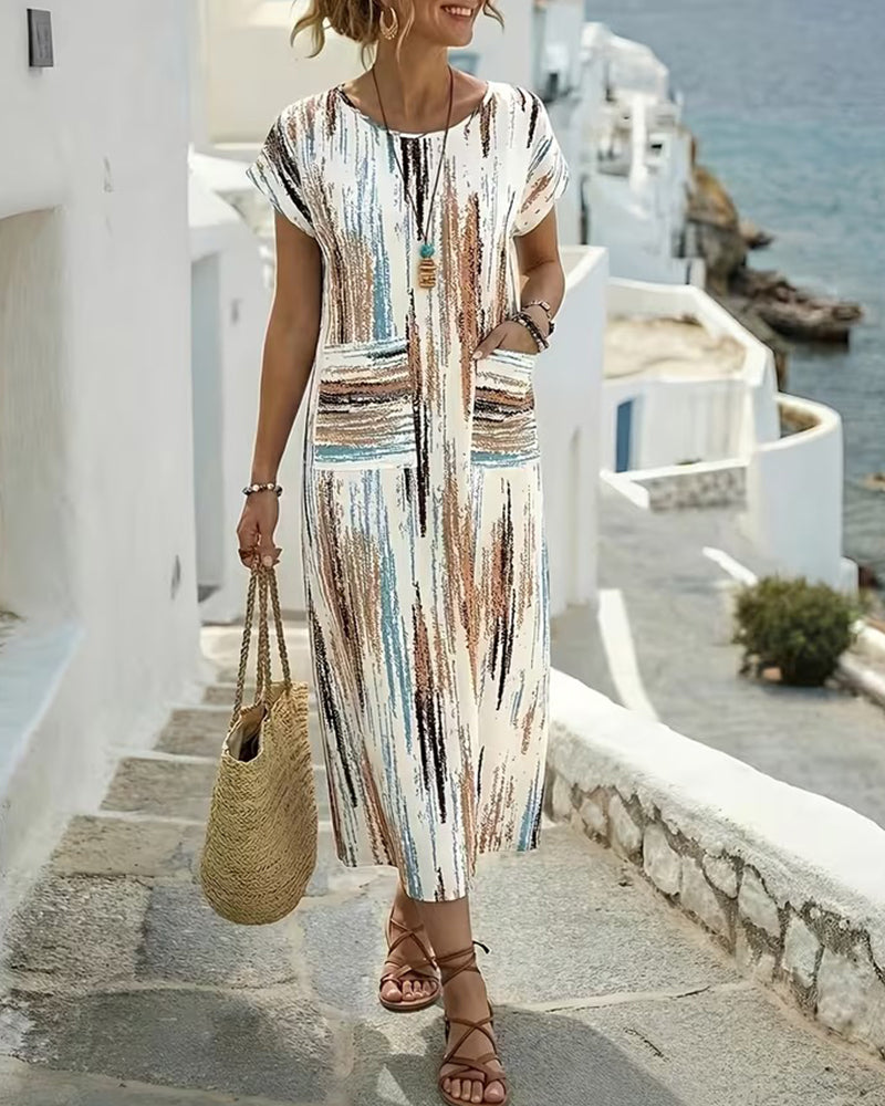 Robe Col Rond Rayure Verticale Imprimé