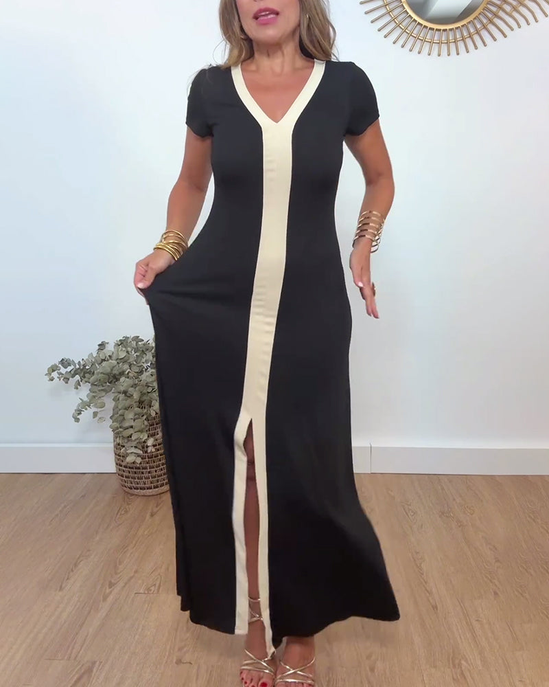 Robe élégante fendue à col en V et imprimé contrasté