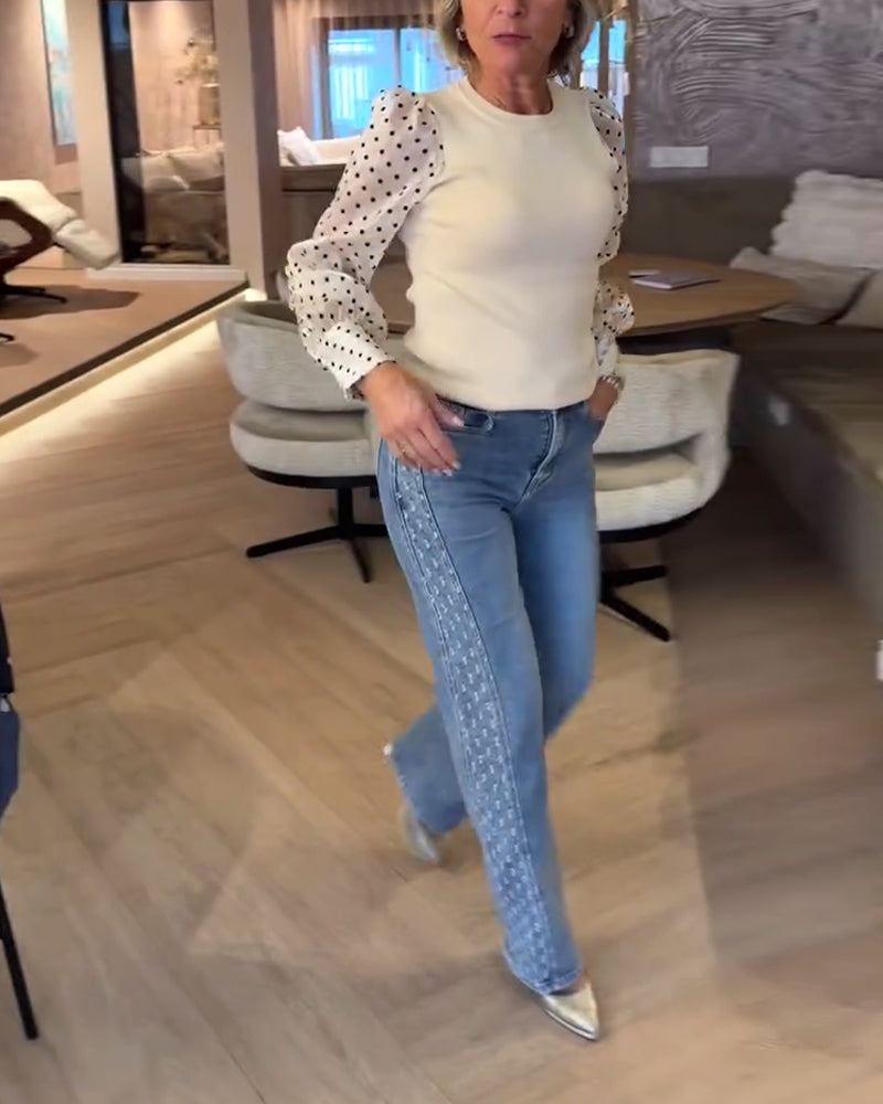 Blouse À Pois À Manches Ballon Et Patchwork