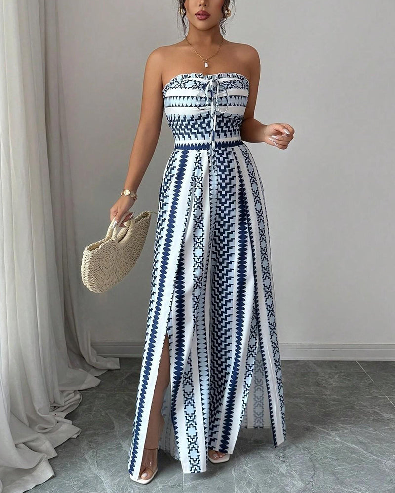 Jumpsuit Géométrique Bandeau Fente Jambe Large