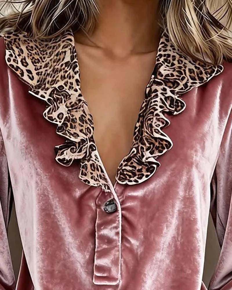Blouse Col En V Léopard Imprimé Volant Manche