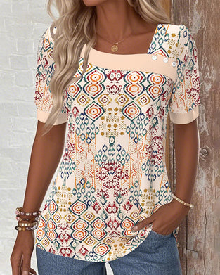 Blouse Col Asymétrique Manche Courte Imprimée Décontractée