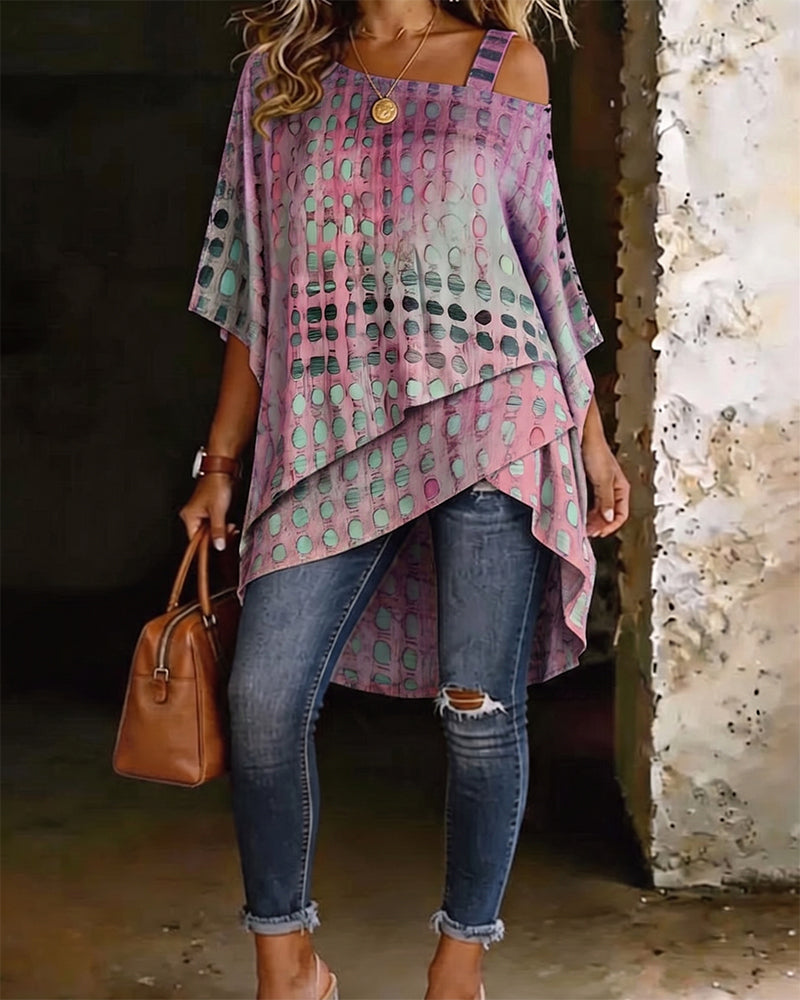 Blouse Imprimé Pois Une Épaule Irrégulière