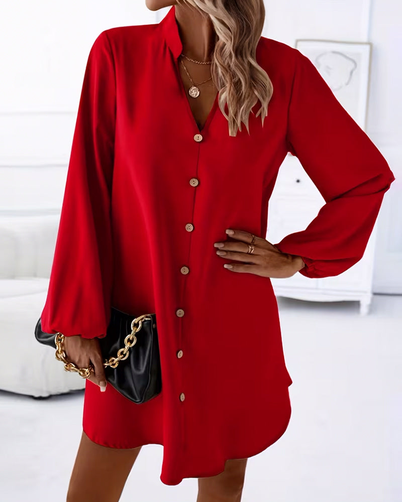 Robe Col V Manches Longues Un Rang De Boutons