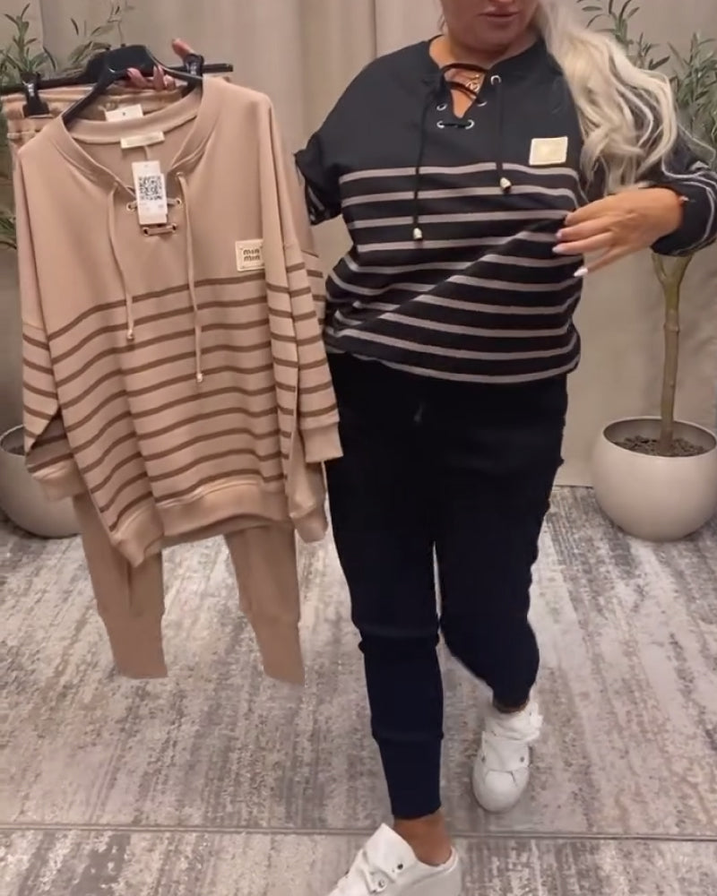 Ensemble Deux Pièces Décontracté Pantalon De Sport Rayé À La Cheville